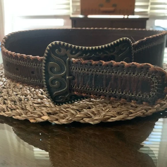 Vintage 70s Another Line Inc Brown Leather Belt Solid Brass Size Medium Brass Brown Vintage Belts for sale | eBay main image 2